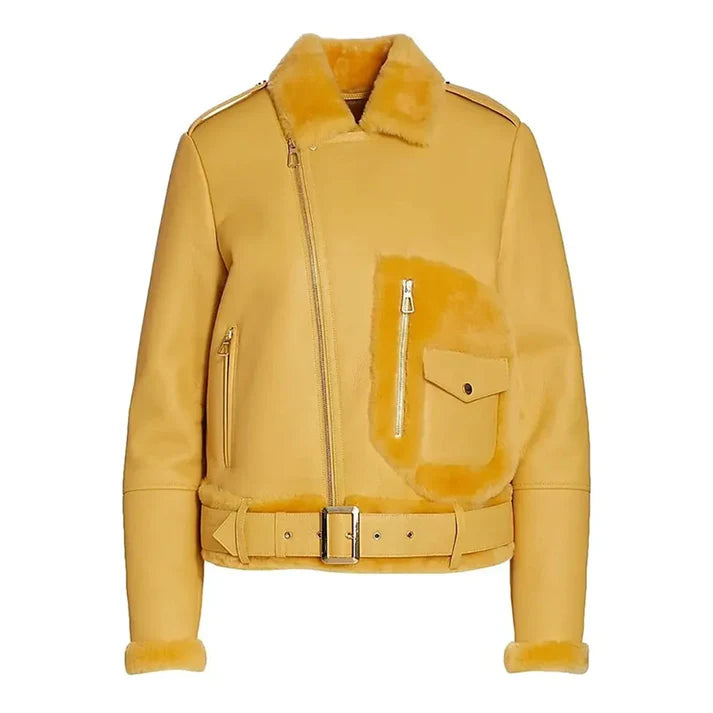 Women's Faux Shearling Yellow Leather Jacket image 0