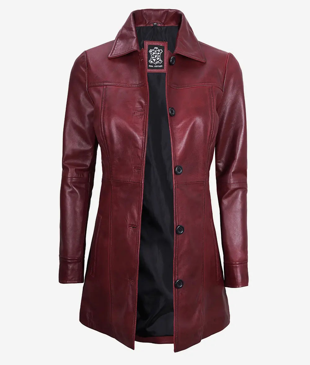 Women's Maroon Button Down Leather Car Coat image 1