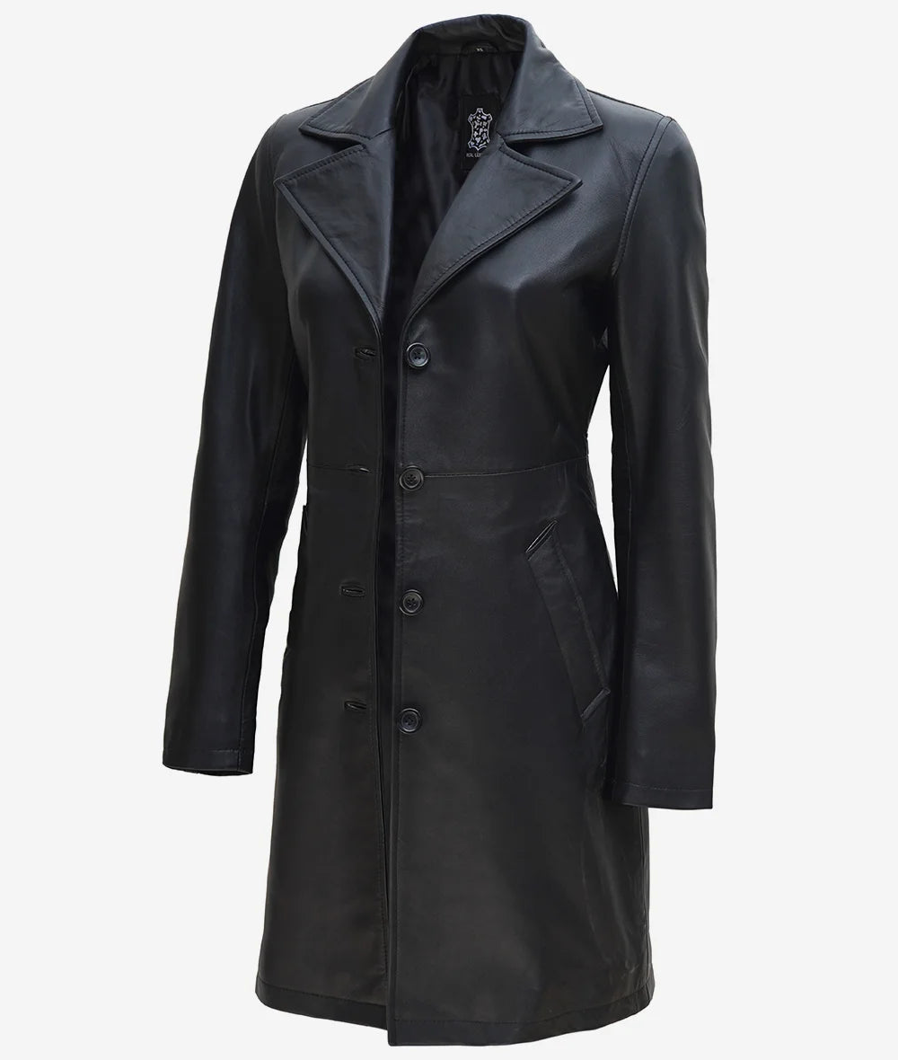 Women's Black Long Leather Trench Coat image 0