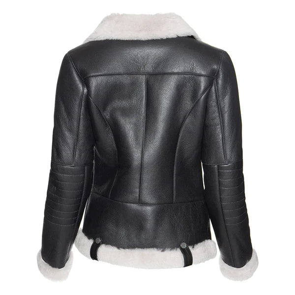 Women's Black Merino Wool White Faux Fur Shearling Leather Jacket image 1