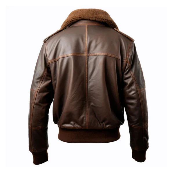 Men's Pilot Faux Shearling Lapel Brown Bomber Leather Jacket image 1