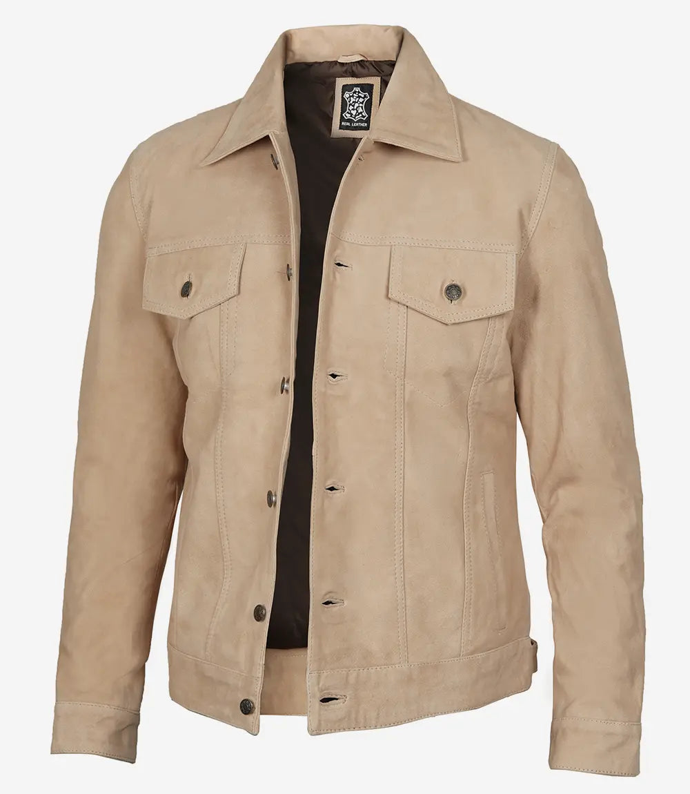 Men's Camel Suede Trucker Jacket image 1