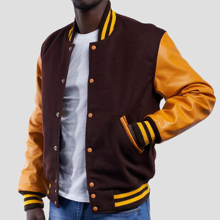 Men's Brown and Bright Gold Wool Varsity Jacket image 1