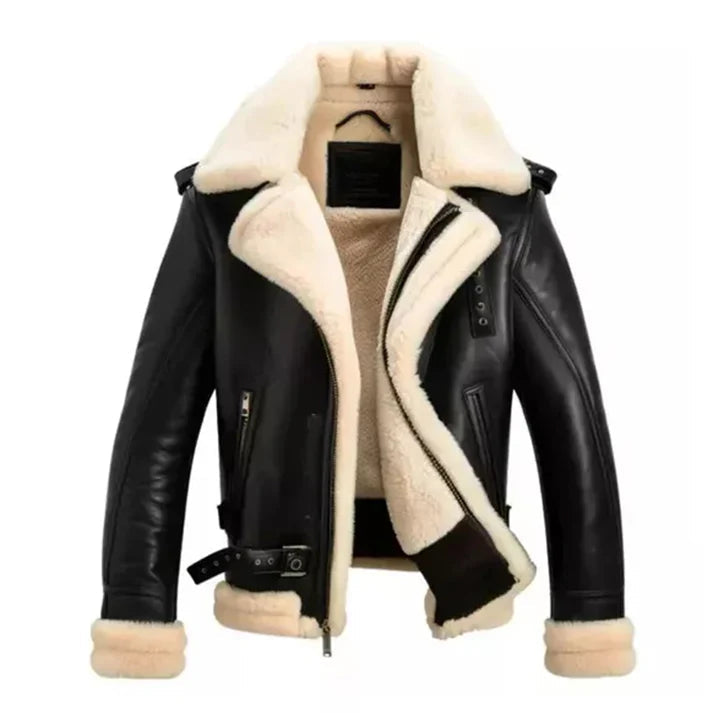 Men's Aviator Faux Shearling Black Bomber Leather Jacket image 0