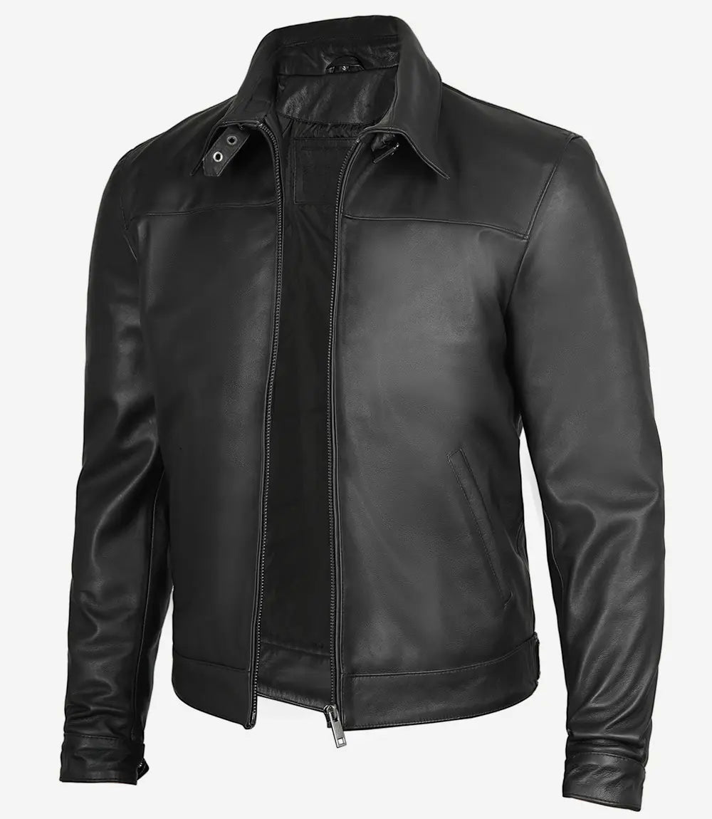 Men's Black Premium Shirt Collar Real Leather Jacket image 0