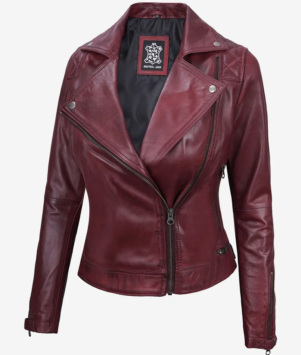 Women's Maroon Real Lambskin Moto Leather Jacket image 0
