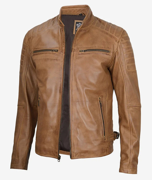 Men's Cafe Racer Camel Brown Leather Jacket image 0