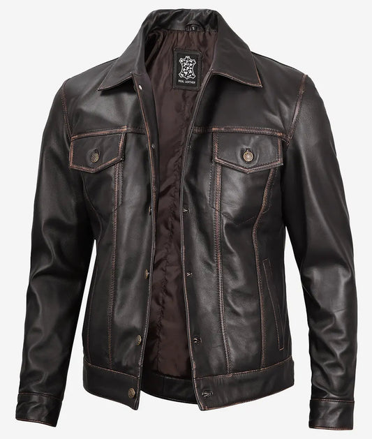 Fernando Men’s Dark Brown Trucker Real Leather Jacket image 0