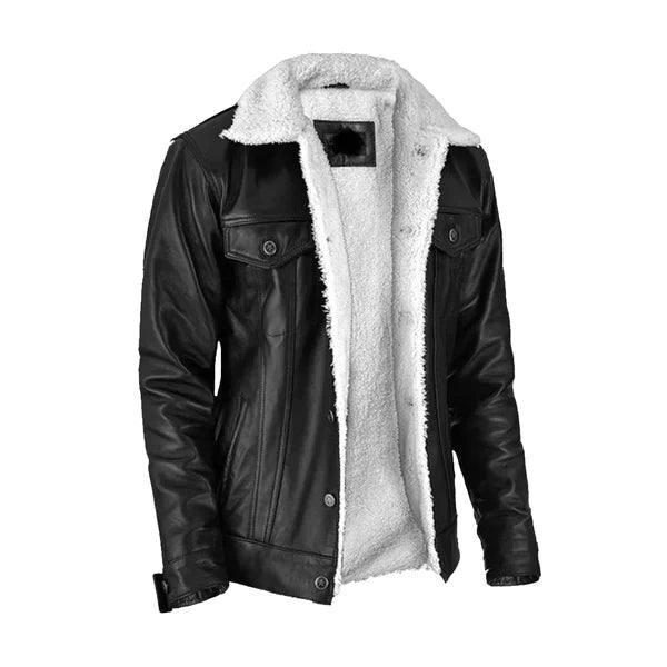 Men's Aviator Faux Shearling Black Leather Jacket image 1