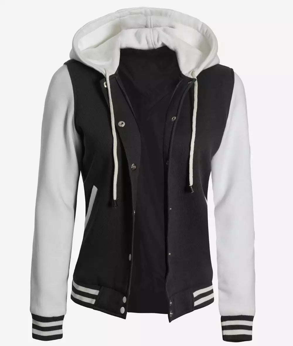 Women's White and Black Hooded Varsity Jacket - Letterman Style image 0
