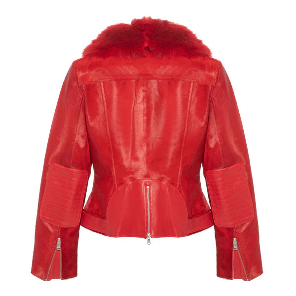Women's Red Tara Calf Faux Shearling Leather Jacket image 1