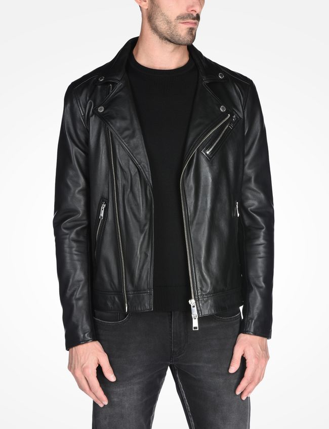 Black Sheepskin Leather Moto Jacket Men image 0