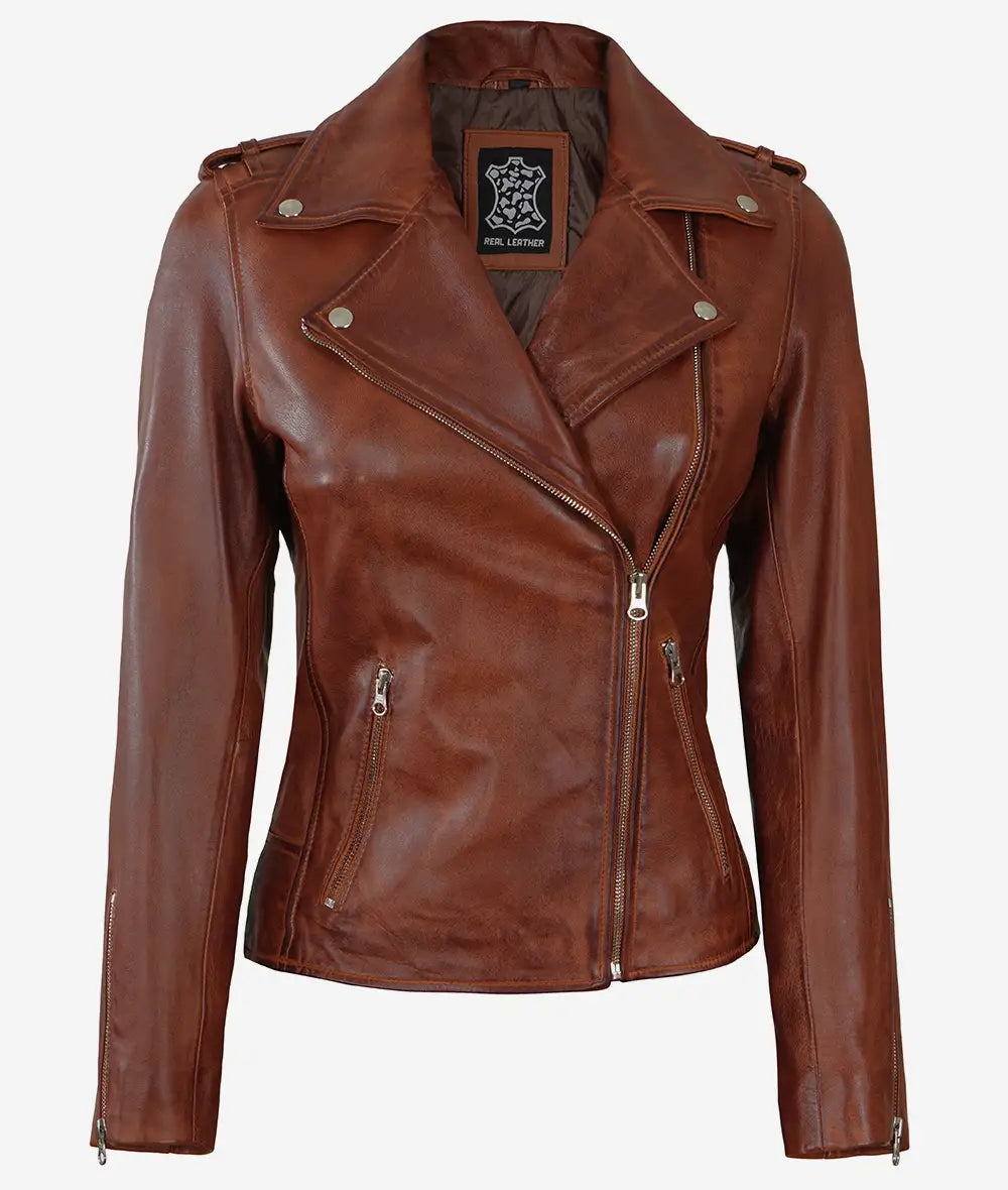 Women's Asymmetrical Cognac Distressed Moto Leather Jacket image 1