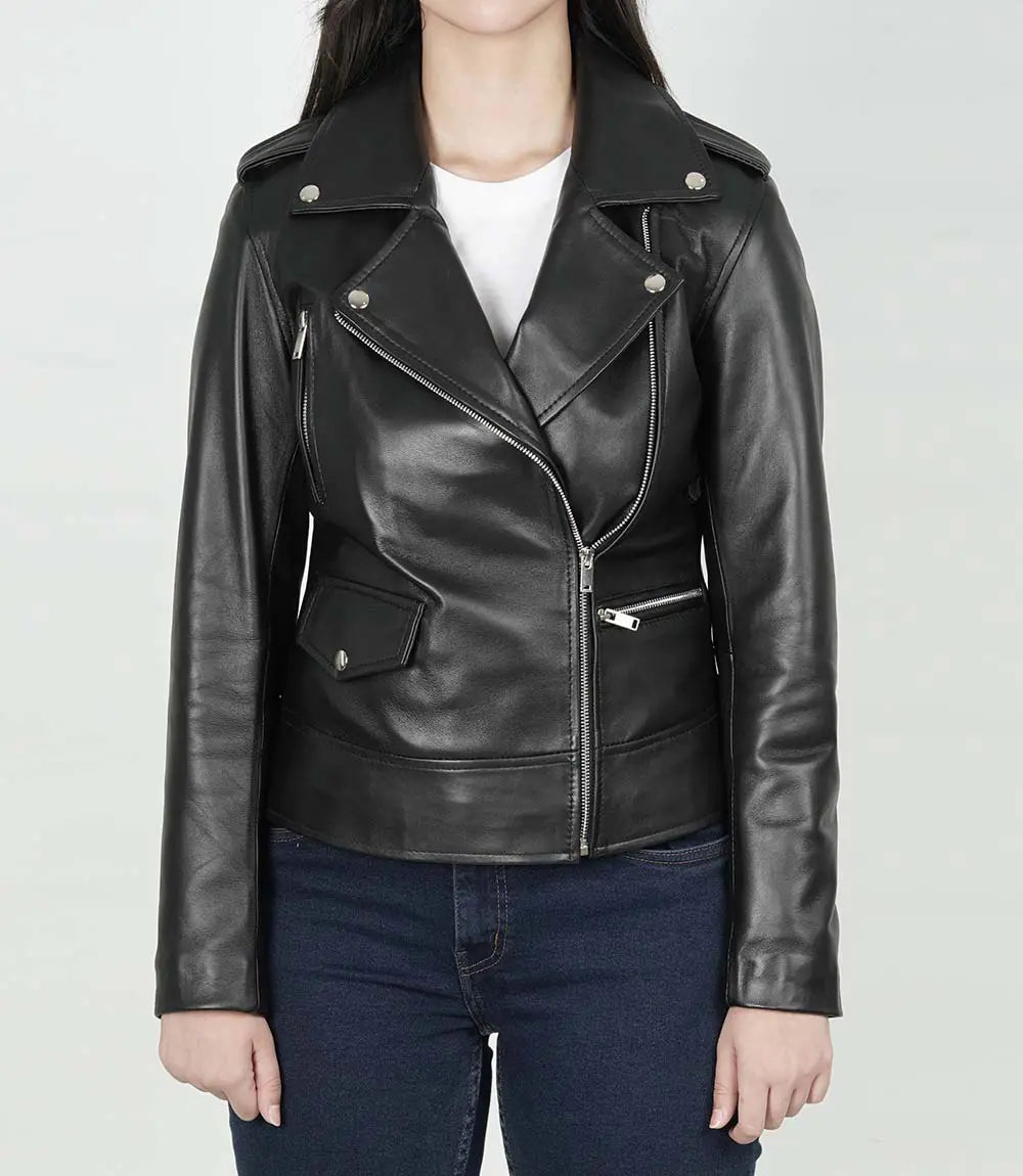 Women's Amber Asymmetrical Black Leather Jacket image 1