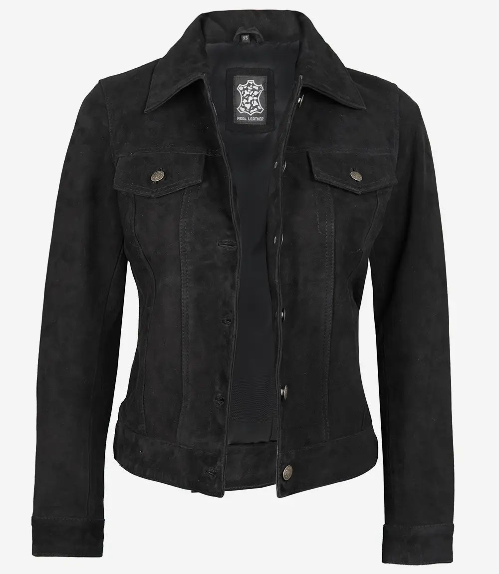 Women's Black Classic Suede Trucker Jacket image 1