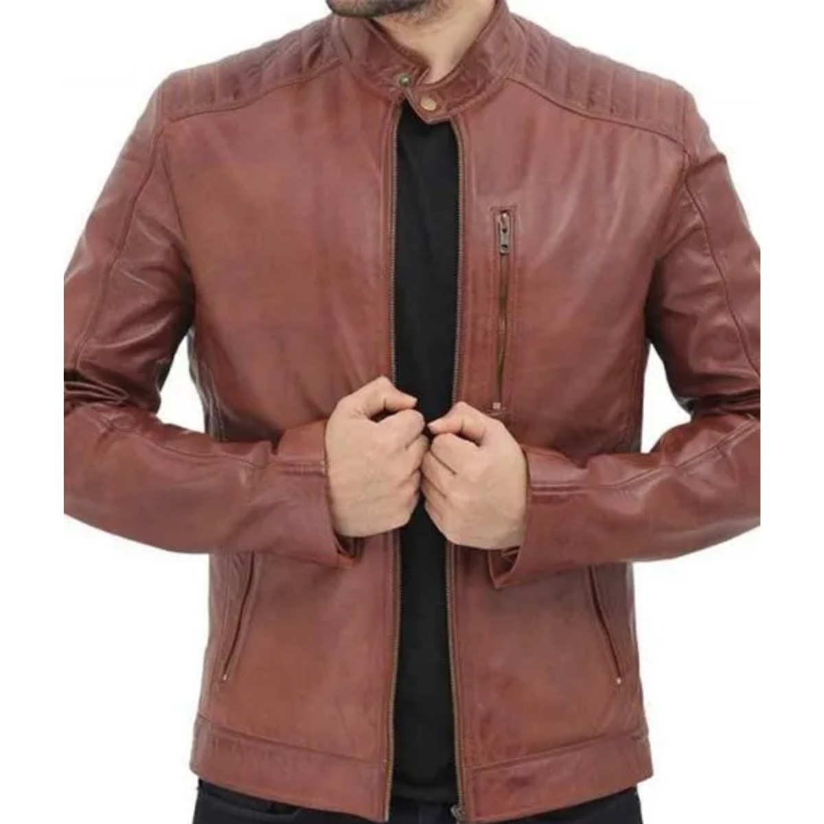 Benjamin Mens Cafe Racer Brown Leather Jacket image 1
