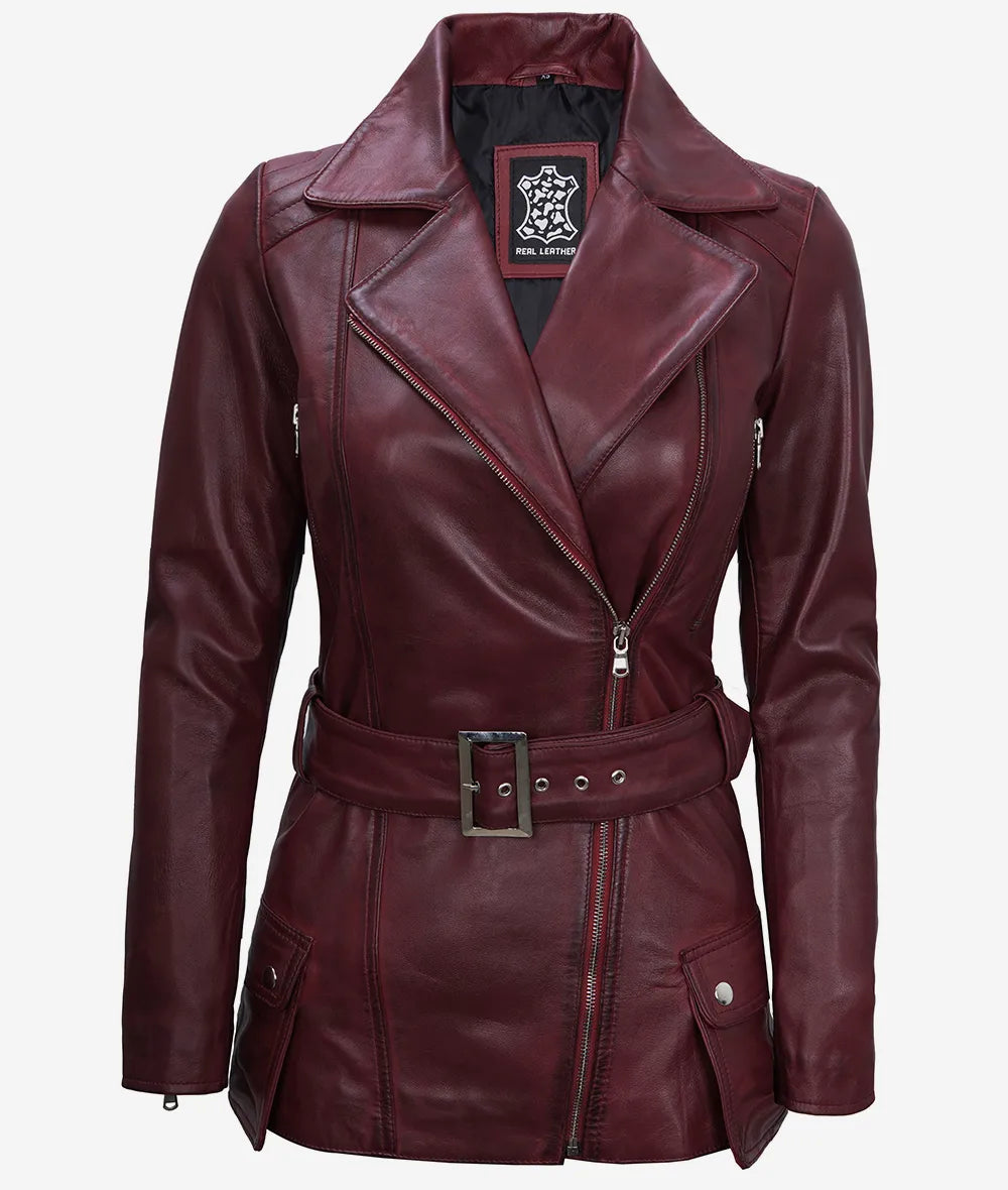 Women's Maroon Asymmetrical Moto Leather Belted Jacket image 1