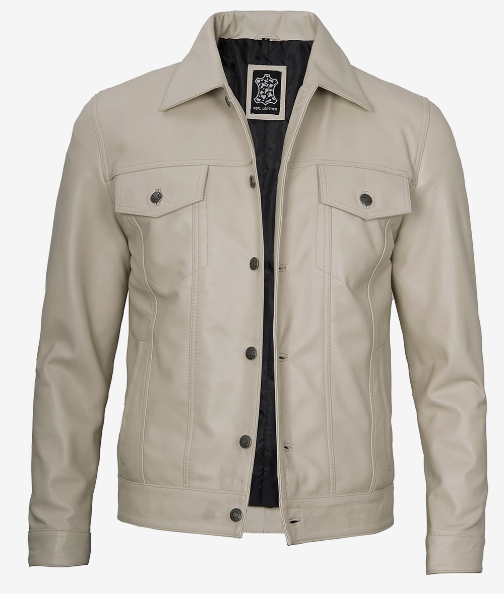 Men's Beige Real Lambskin Leather Trucker Jacket image 1