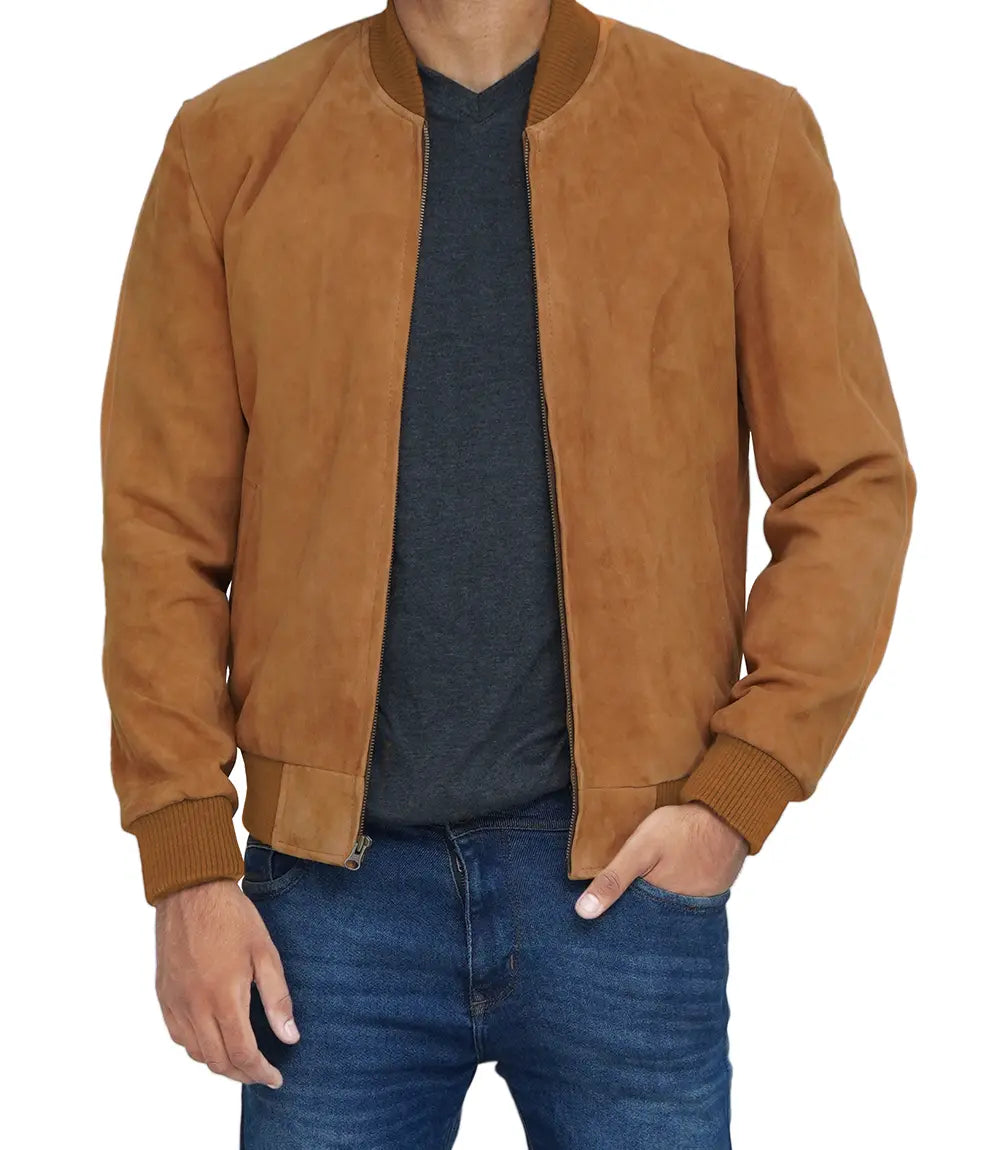 Light Brown Men's Suede Bomber Jacket image 1