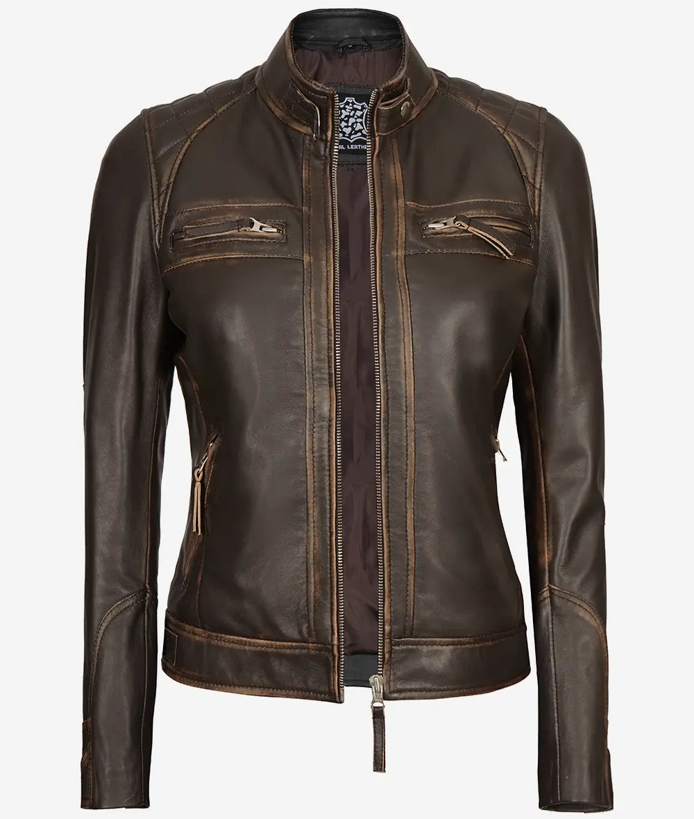 Women's Rub off Quilted Dark Brown Real Lambskin Moto Leather Jacket image 1
