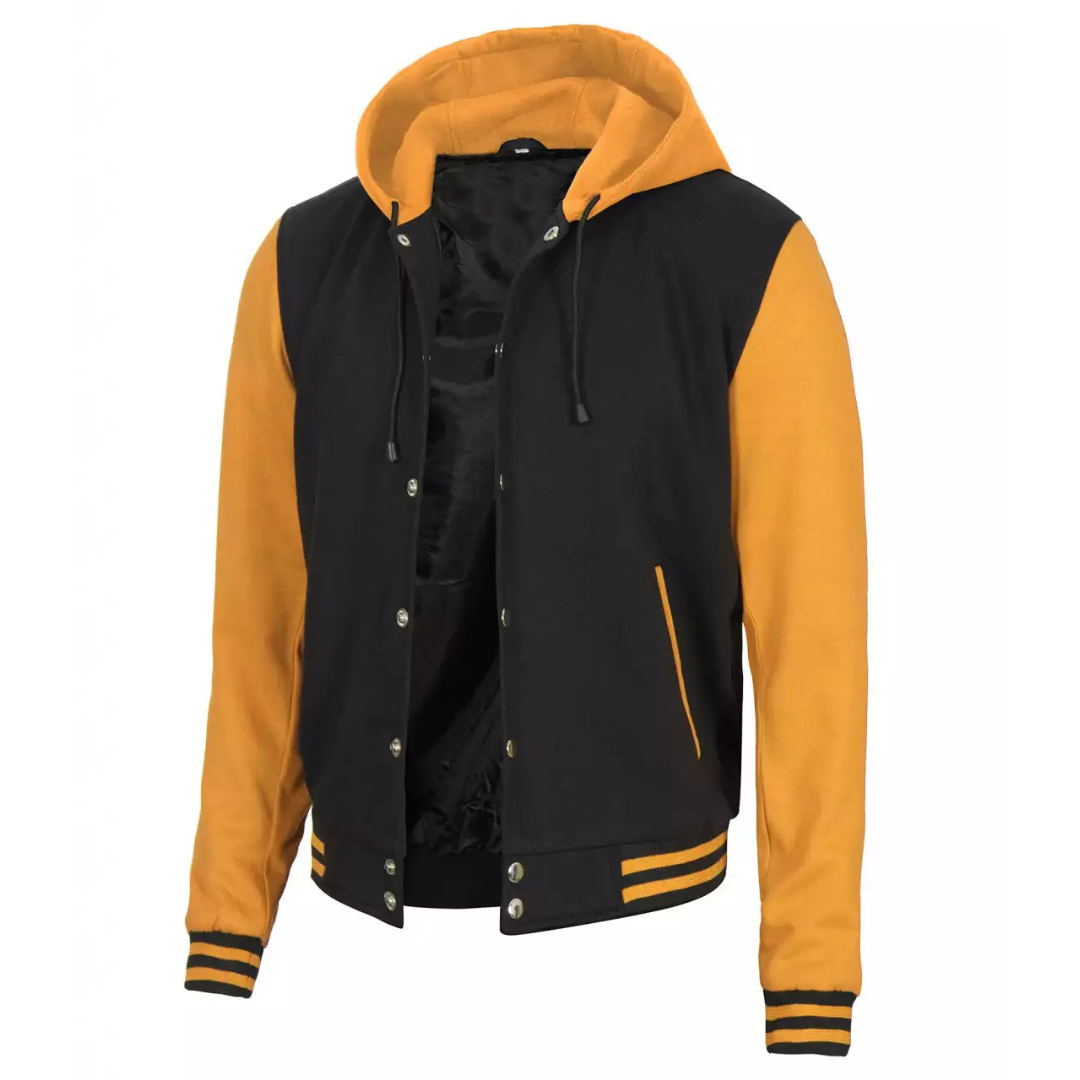 Mens Black And Yellow Letterman Varsity Jacket with Hood image 1