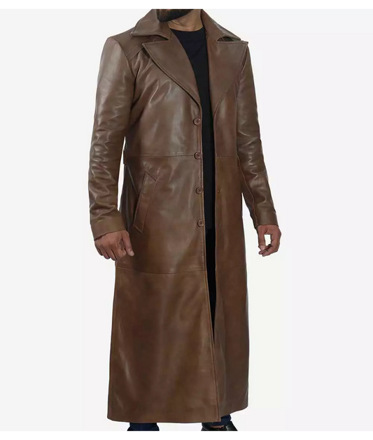 Men's Brown Full Length Leather Coat - Duster Coat image 0