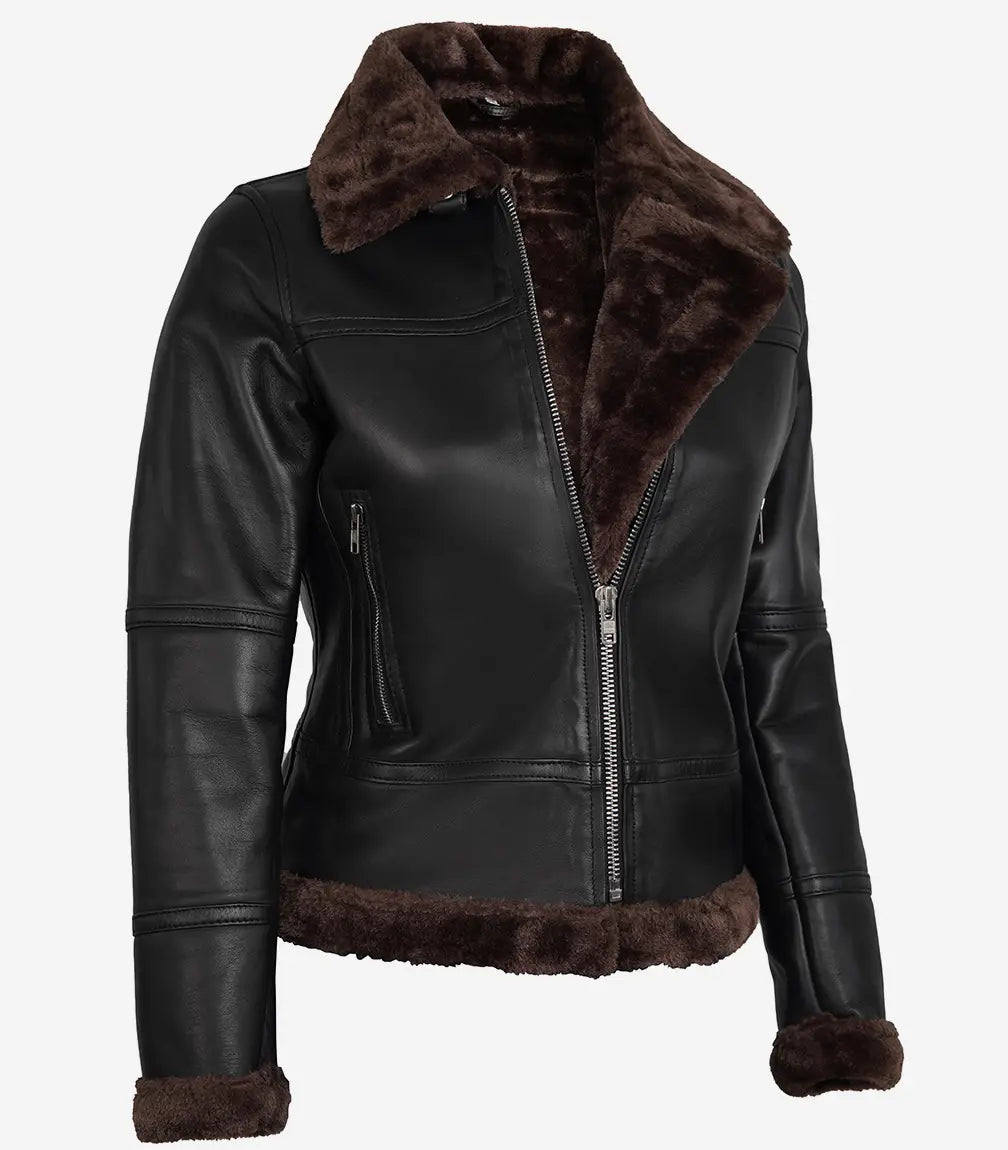 Women's Dark Brown B3 Shearling Bomber Leather Jacket image 1