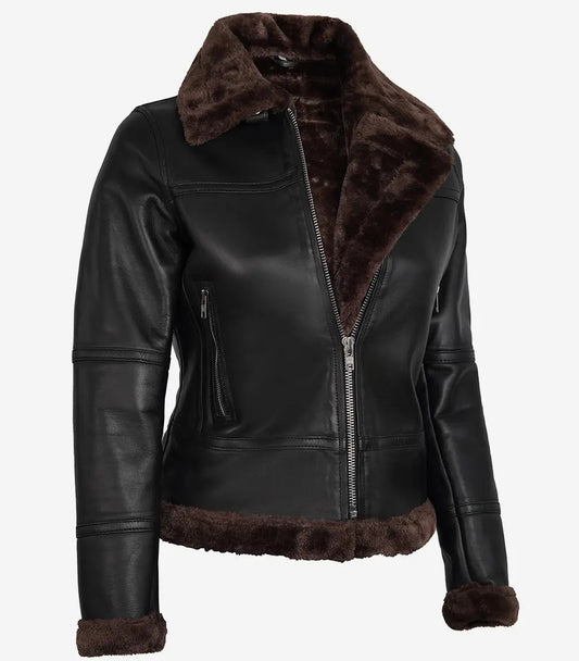 Women's Dark Brown B3 Shearling Bomber Leather Jacket image 1