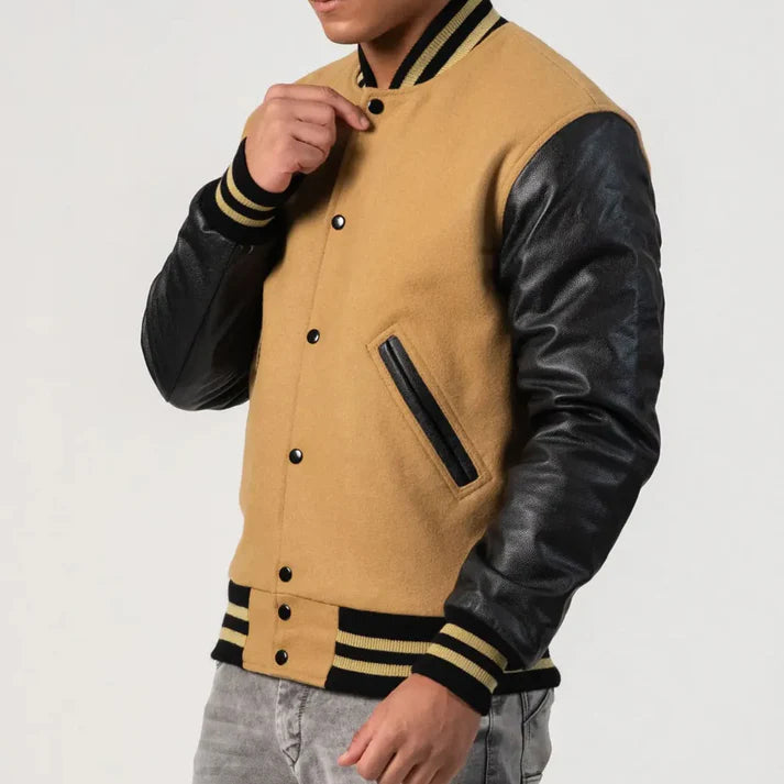 Men's Camel & Black Wool Varsity Jacket image 1