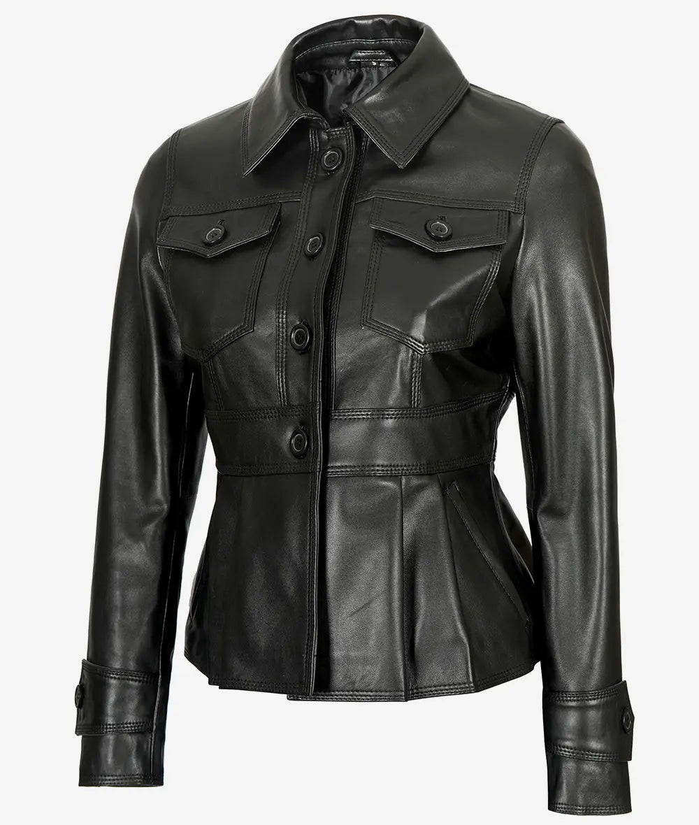 Gladys Women's Peplum Black Leather Jacket image 0