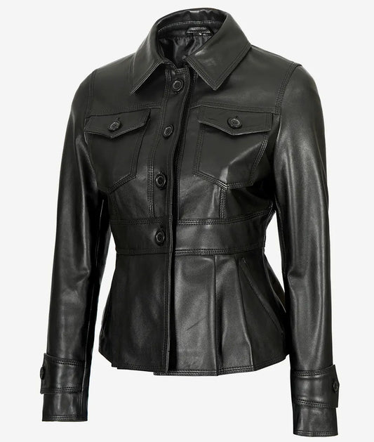 Gladys Women's Peplum Black Leather Jacket image 0