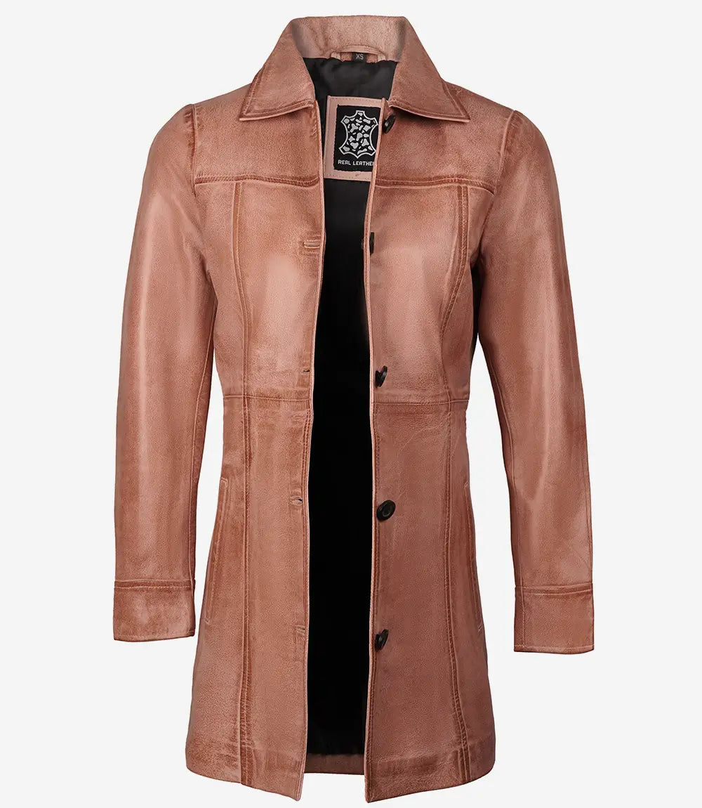 Women's Pink Cognac Button Down Waxed Leather Coat image 1