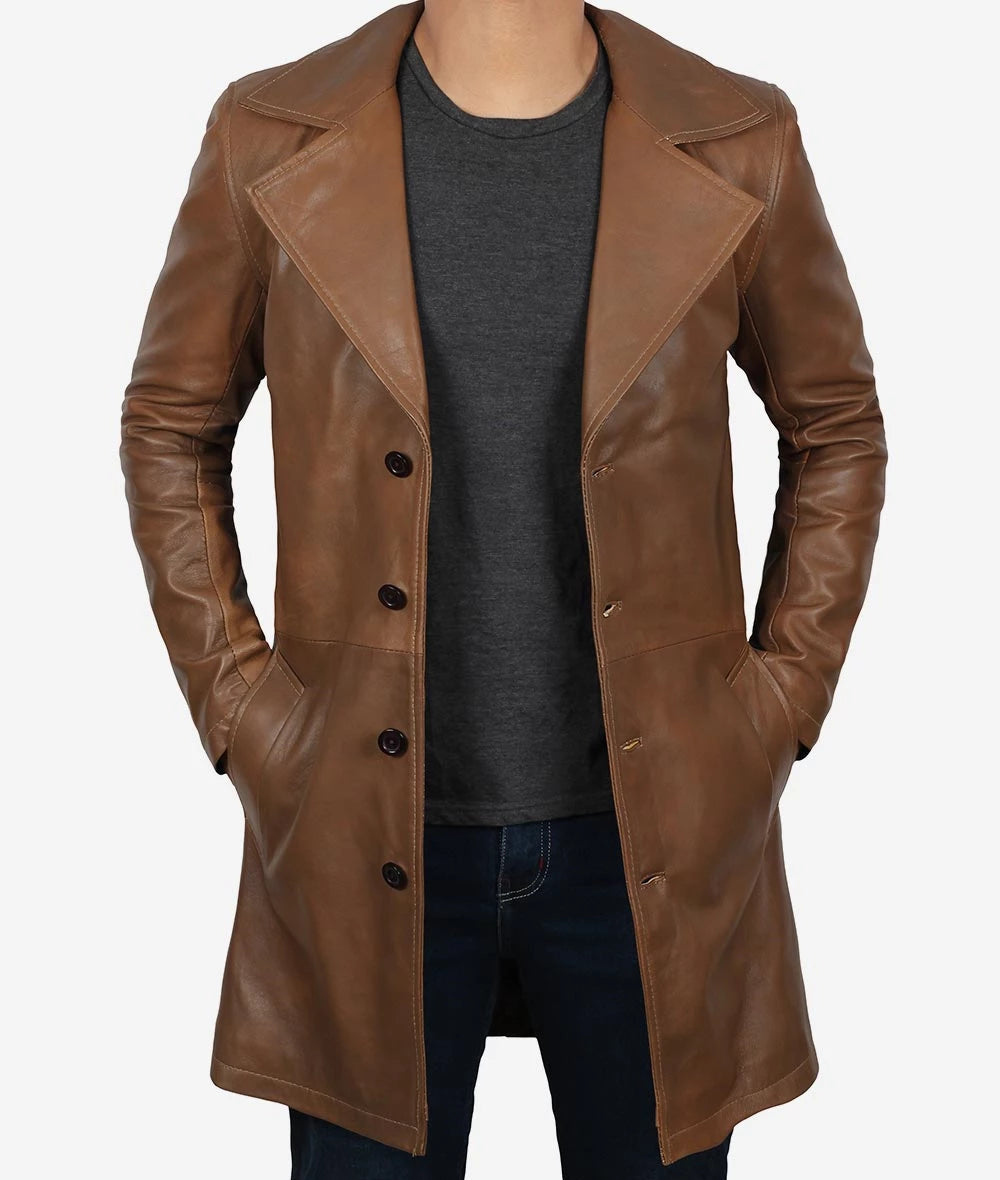 Men's Brown 3/4 Length Real Lambskin Leather Coat image 1