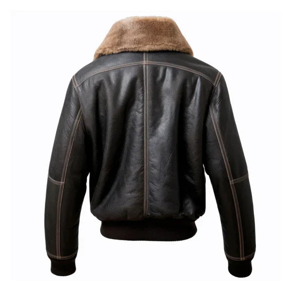 Men's Aviation Side Pockets Faux Shearling Black Bomber Jacket image 1
