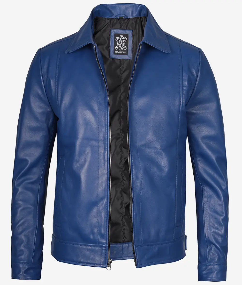 Men's Classic Shirt Style Blue Leather Jacket image 1
