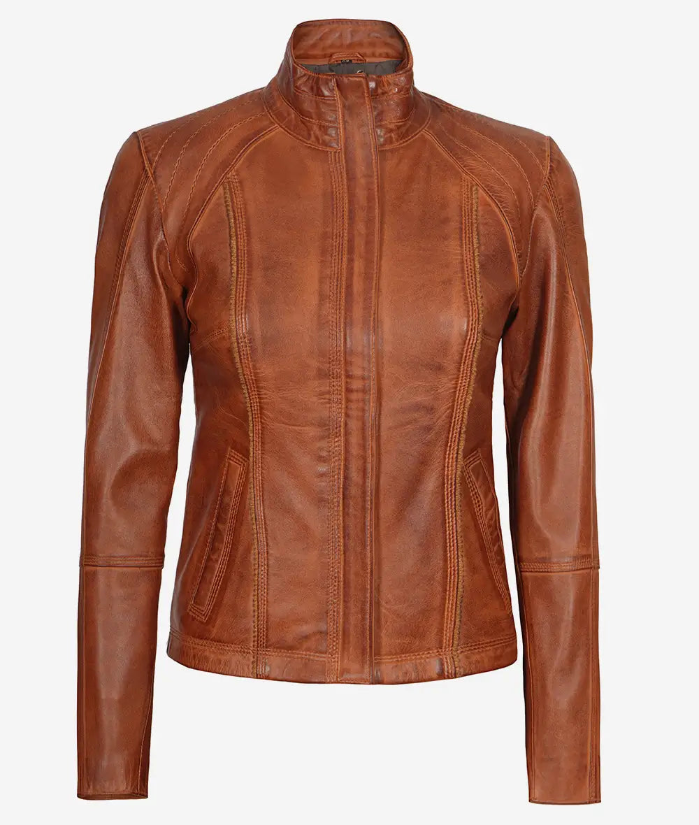 Acerra Women's Cognac Brown Cafe Racer Real Leather Jacket image 1