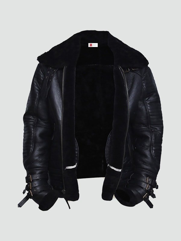 Mens Black Shearling Biker Leather Jacket image 1