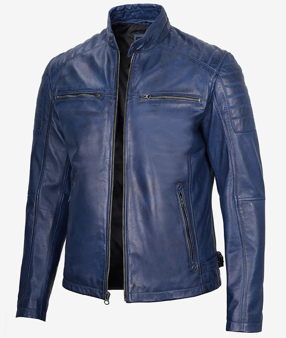 Men's Cafe Racer Blue Waxed Leather Jacket image 0