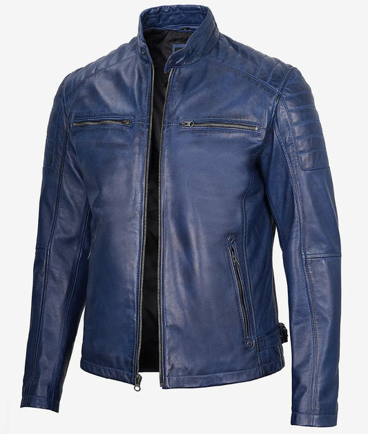 Men's Cafe Racer Blue Waxed Leather Jacket image 0