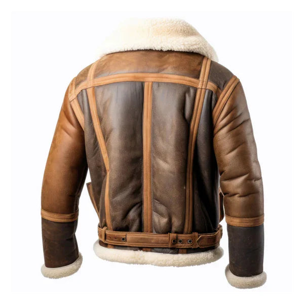 Men's Aviation Lapel Faux Shearling Brown Leather Jacket image 1