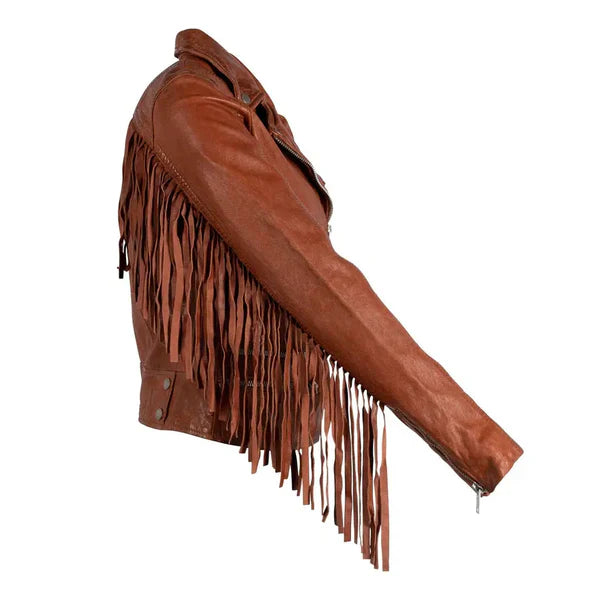 Women’s Tan Brown Burnt Fringe Leather Jacket image 1