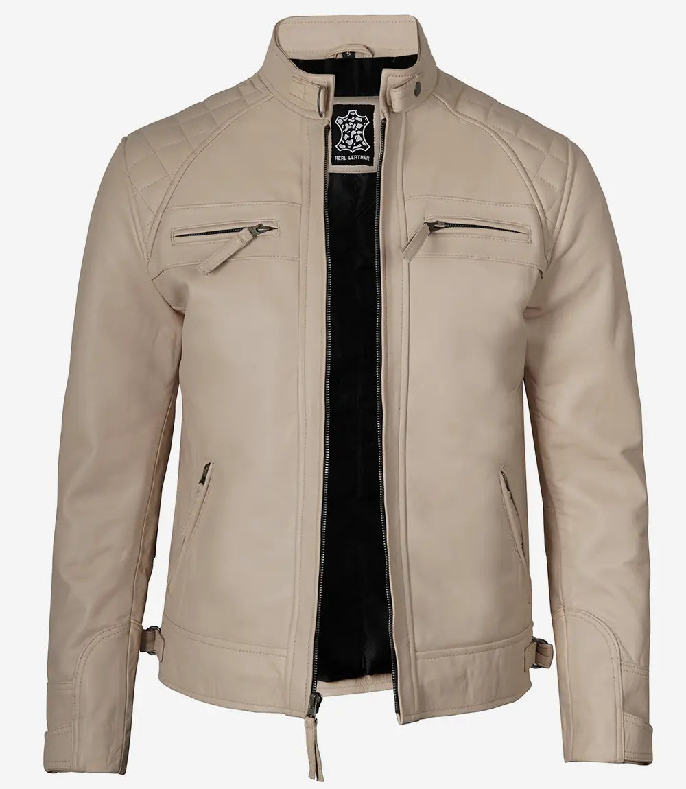 Men’s Cafe Racer Beige Real Leather Jacket - Quilted Shoulder image 0