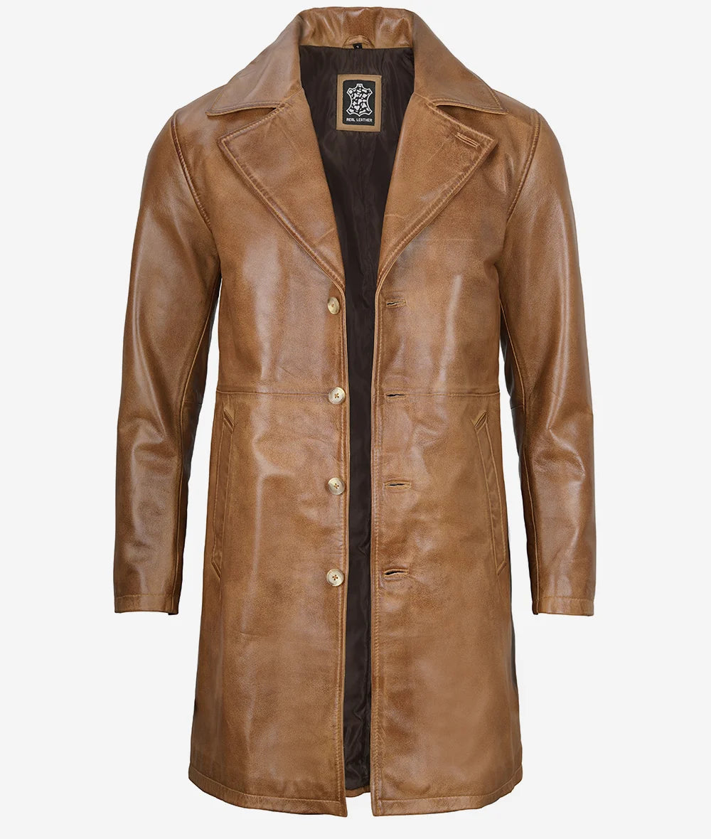 Men's Camel Brown Real Leather Car Coat image 1