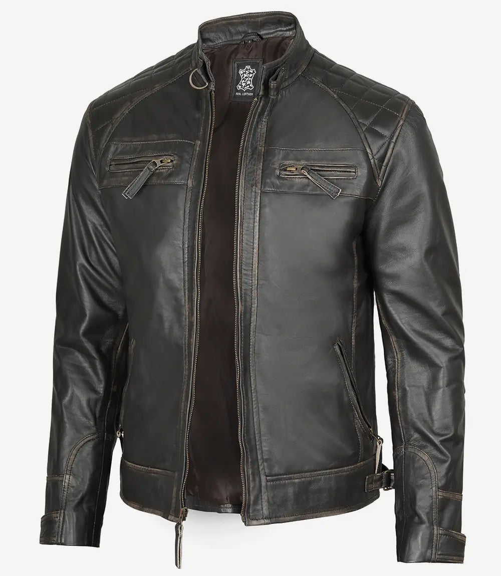 Men's Dark Brown Quilted Cafe Racer Leather Jacket image 0