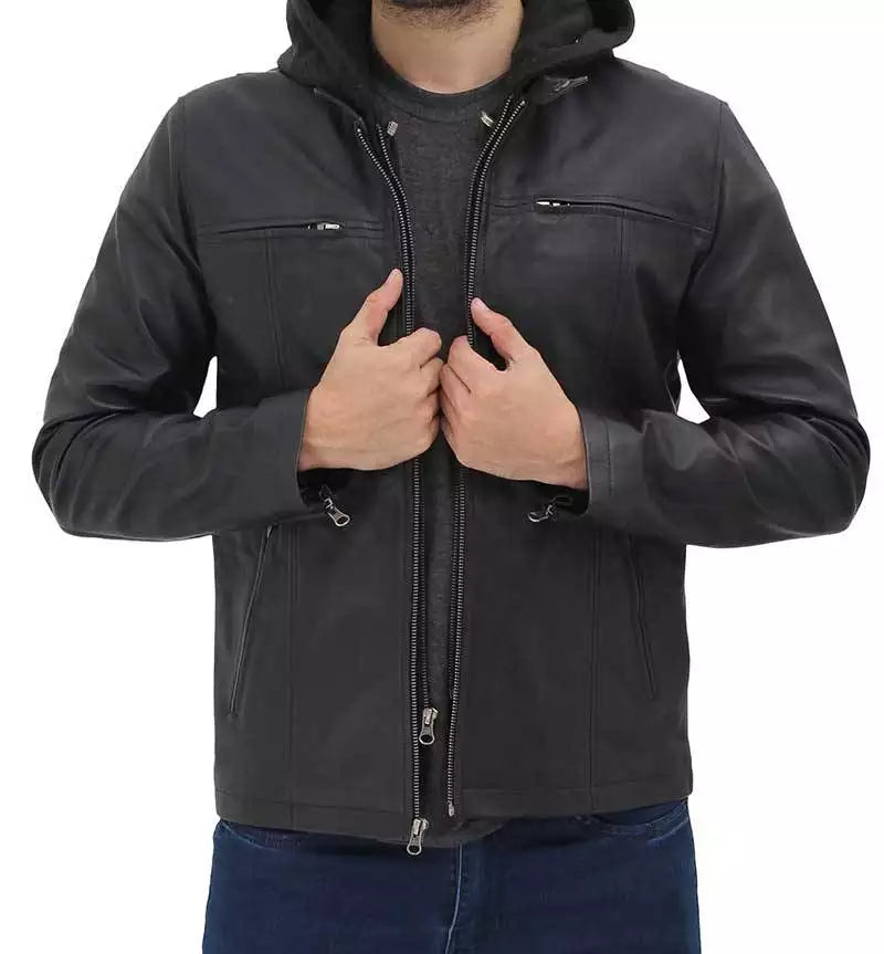 Men's Black Removable Hood Leather Jacket image 1
