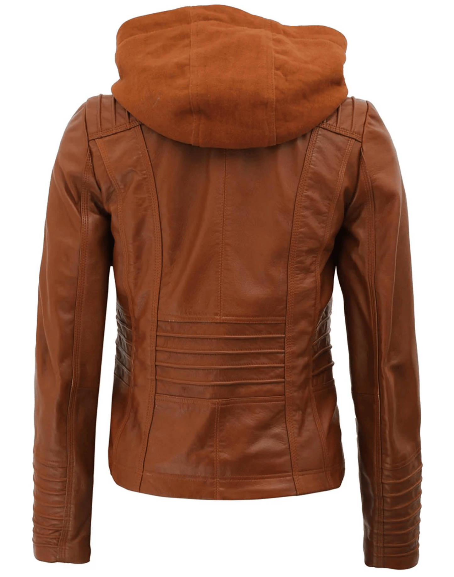 Womens Brown Racer Leather Jacket With Removable Hood image 1