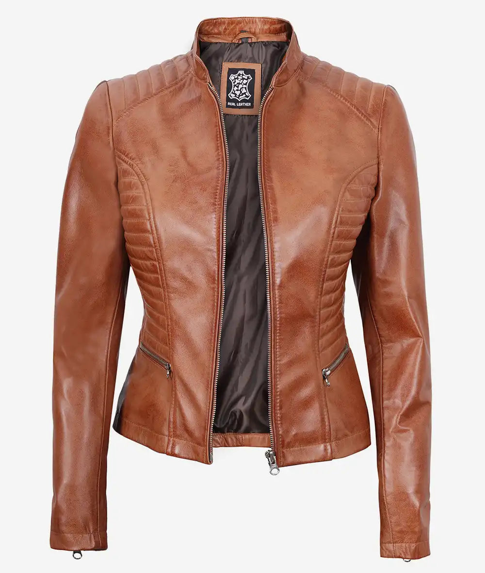 Women's Slim Fit Tan Brown Lambskin Leather Jacket image 1