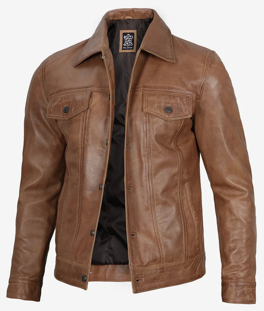 Men's Camel Brown Leather Trucker Jacket image 0