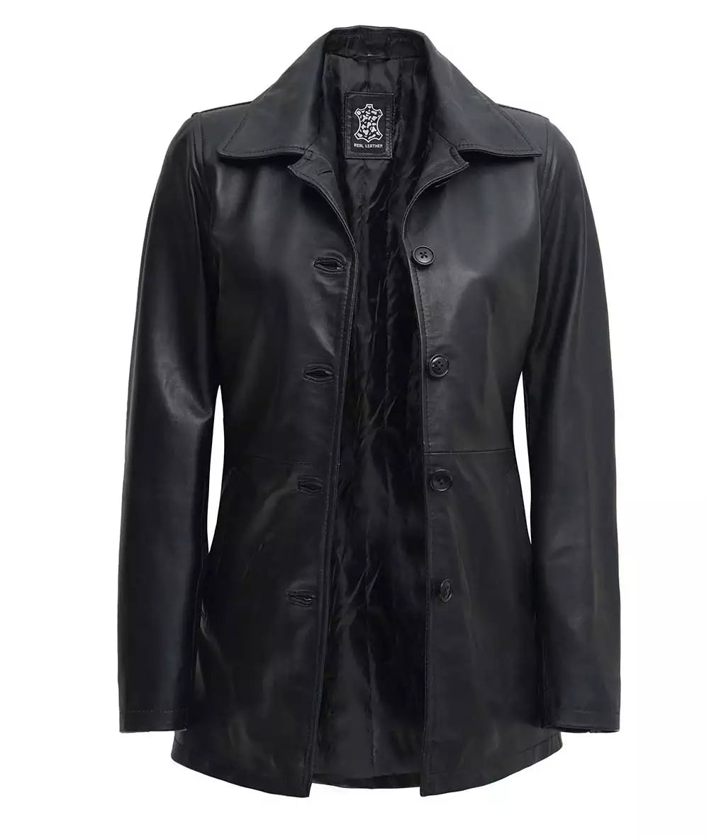 Women's Black 3/4 Length Leather Car Coat image 1