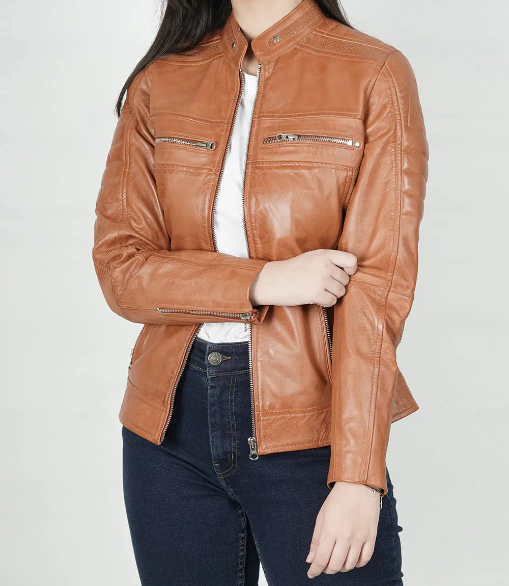Women's Tan Cafe Racer Leather Jacket image 1